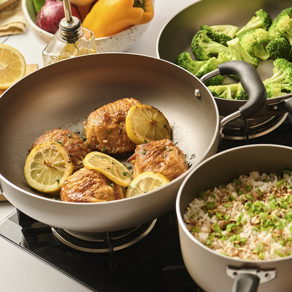 Brinox 8 pcs Cookware Set  - Saffron Range - 3mm thickness - handles fixed with rivets champagne colour - easy to cook and clean - Made in Brazil.